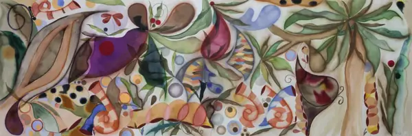 Pintura panorâmica com folhas, flores e formas vegetais coloridas em composição contínua