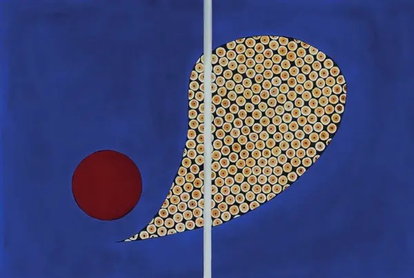 Díptico com forma em gota coberta de círculos dourados e um disco vermelho sobre fundo azul