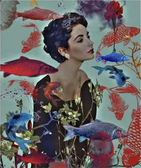 Mulher de perfil, cabelo escuro preso, cercada por peixes coloridos e flores em tons de azul e verde