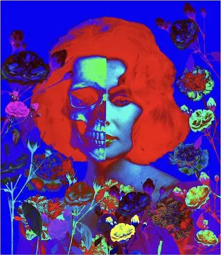 Retrato em cores intensas de azul e vermelho, com metade do rosto em caveira e flores ao redor