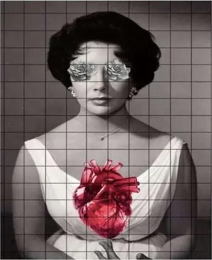 Retrato em preto e branco sobre fundo quadriculado, mulher segurando um coração vermelho bordado com fio metálico