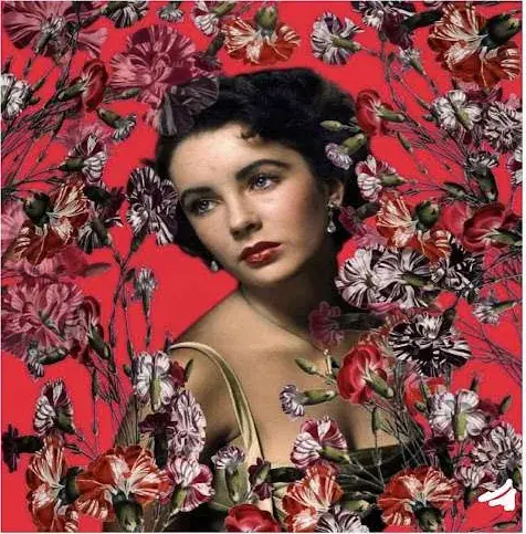 Retrato de mulher de cabelo escuro cercada por flores sobre fundo vermelho
