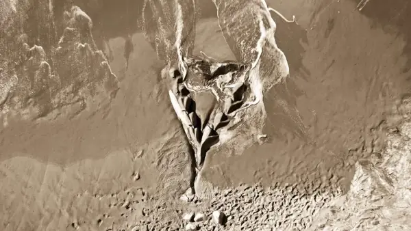 Forma delicada riscada na areia vista de cima, em tons de bege