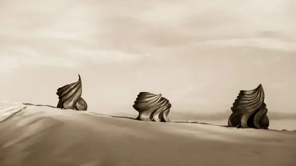 Três formas esculpidas sobre dunas de areia sob céu claro, em tons sépia