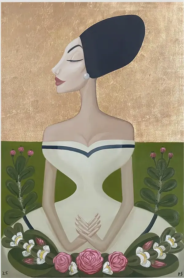 Pintura de uma mulher de perfil suave e olhos fechados, cabelo preto em volume, vestido branco de ombros abertos, sobre fundo de folha de ouro e campo verde com flores rosas e brancas.