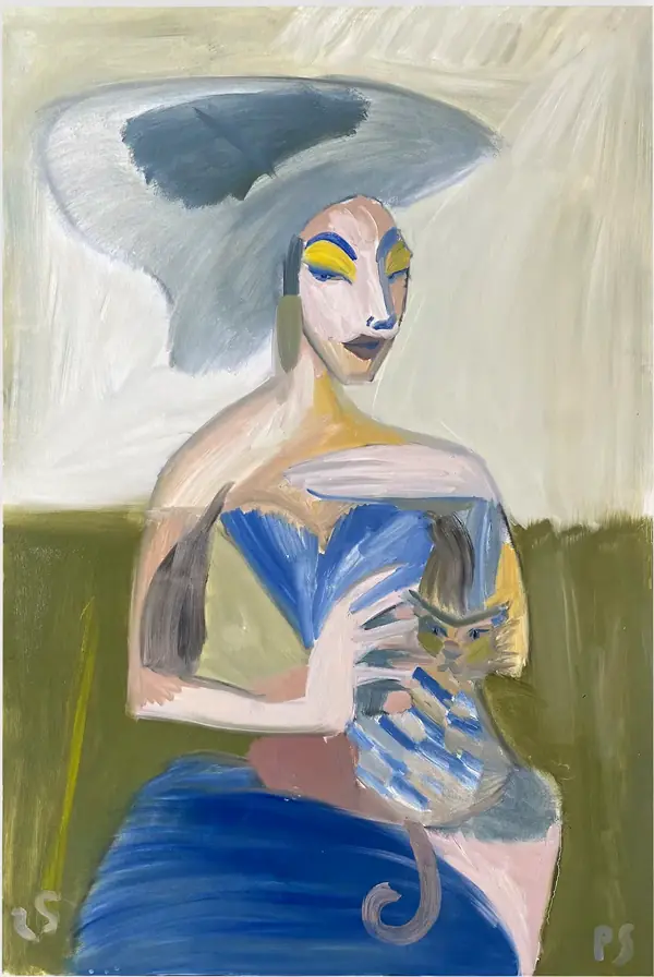 Pintura de mulher de chapéu cinza largo segurando um gato, vestido azul e fundo verde-oliva.