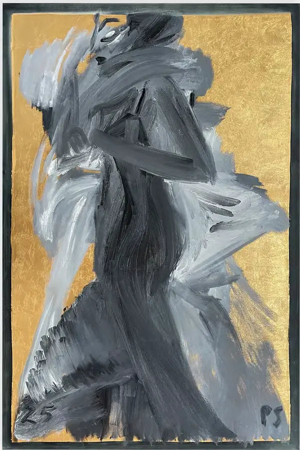 Pintura de figura em pinceladas gestuais pretas e cinzas sobre fundo de folha de ouro com moldura escura.