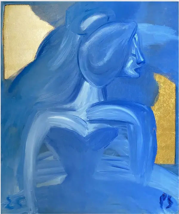 Pintura de figura feminina de perfil em azuis intensos, com fundo azul e área de folha de ouro.